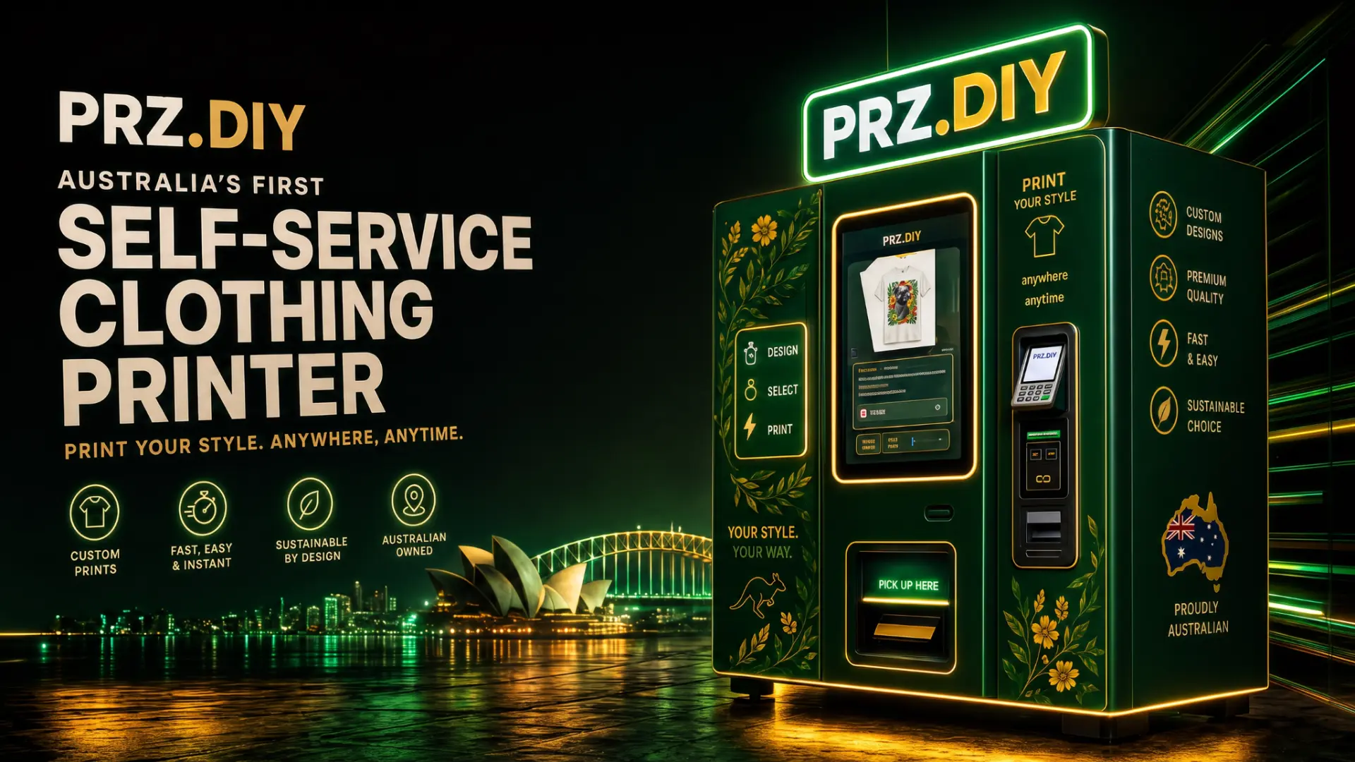 PRZ.DIY self-service clothing printing kiosk in front of the Sydney skyline, with design, payment, print and pickup areas labelled