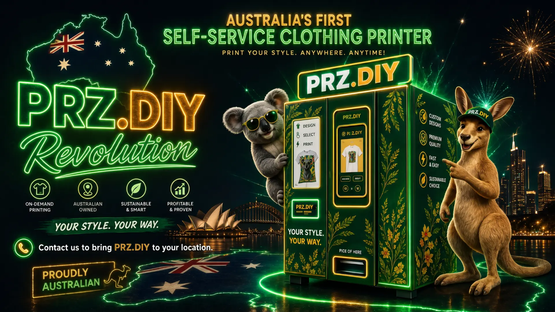 PRZ.DIY branded kiosk with Australian map, koala and kangaroo mascots and Sydney landmarks
